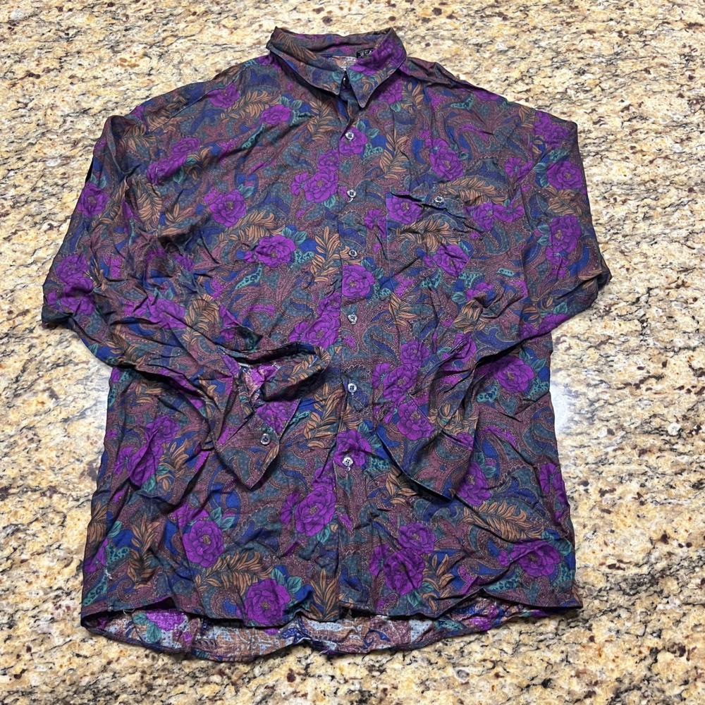 Bobbio Mens Rayon Button Down Shirt Medium Purple Floral Paisley Made in USA